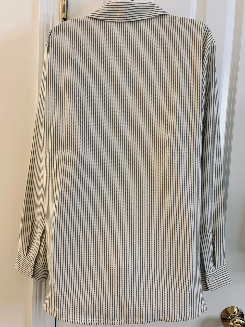 Michael Kors Cream Black Pinstripe Button-Up Shirt XL Gold Details Quiet Luxury